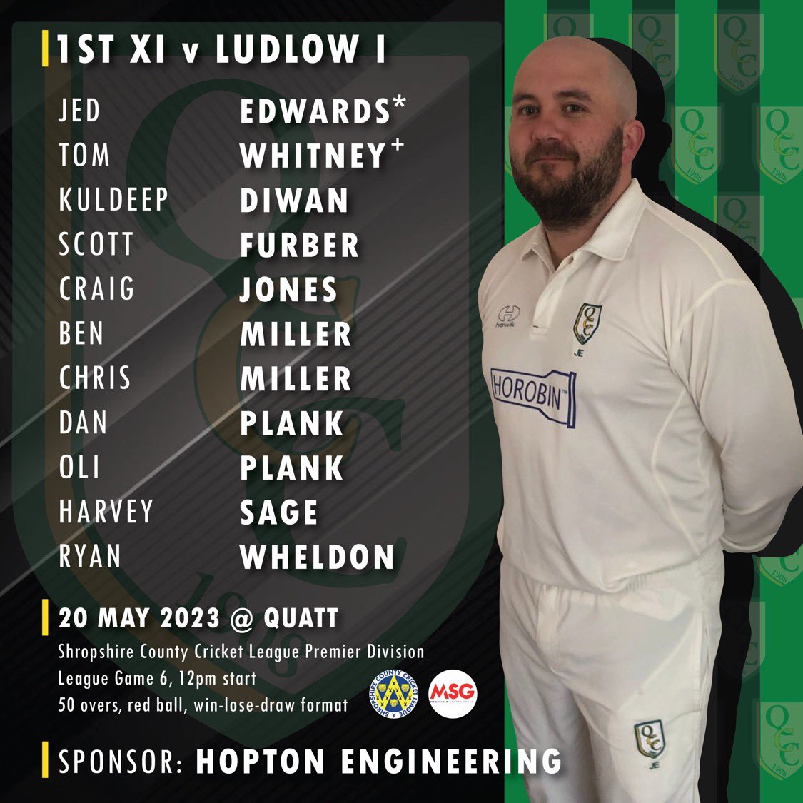 QuattCC's tweet photo. Big weekend! 
1s v @LudlowCricket 
2s v @WemCricketClub 
3s v @LilleshallCC 
@ShropCCLeague @mansfieldsportg 

On Sunday 1s face @DumbletonCC in the @TheCricketerNVC cup and the women face @WorfieldCC in the @WMLcricket 

BBQ will be on both days so get down to support! https://t.co/FXqTNFyOCJ