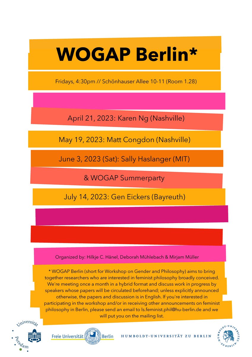 Deborah Mühlebach (@dmuehlebach) on Twitter photo Feminist philosophers in Berlin (&everybody who wants to join via zoom): this Friday is #WOGAPberlin time again! We're welcoming @matt_congdon who is going to discuss his paper "Emotions & Ideology" with us. Very much excited to our discussion!
Fri, May 19 4:30pm <a href="/mirjammue/">Mirjam Müller (she/her)</a> Feminist philosophers in Berlin (&everybody who wants to join via zoom): this Friday is #WOGAPberlin time again! We're welcoming @matt_congdon who is going to discuss his paper "Emotions & Ideology" with us. Very much excited to our discussion!
Fri, May 19 4:30pm <a href="/mirjammue/">Mirjam Müller (she/her)</a>