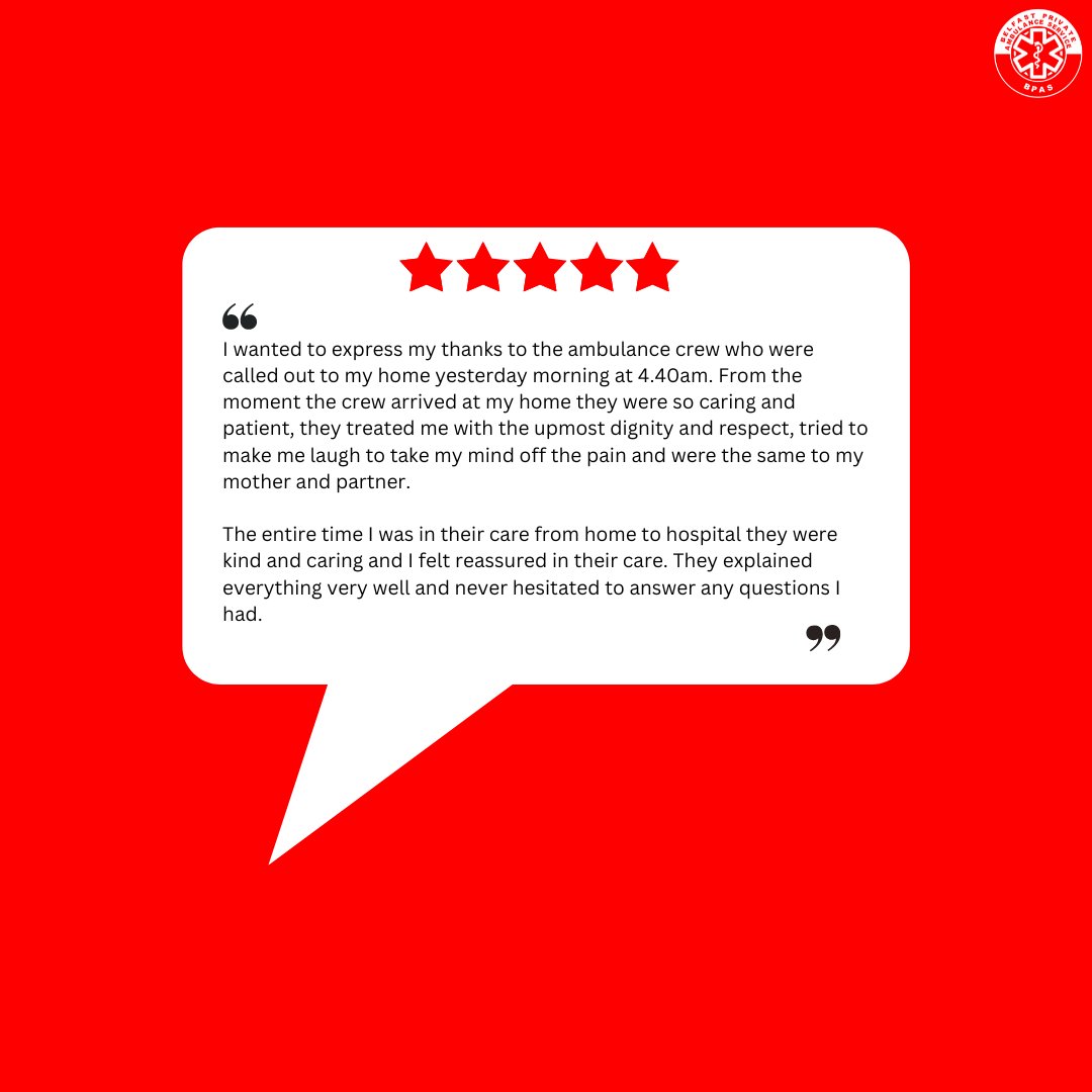 belfast_private's tweet photo. Customer Review ⭐⭐⭐⭐⭐
For more information, please visit👇
🌐 https://t.co/UcDt2QK9QM
📧 info@belfastambulance.co.uk
☎️ +44 (0)28 9002 2296
#ambulance #belfast #belfastprivateambulanceservice #health #healthcare #homehealthcheck #launch #comingsoon #healthylifestyle https://t.co/YBdTsz9Hdg