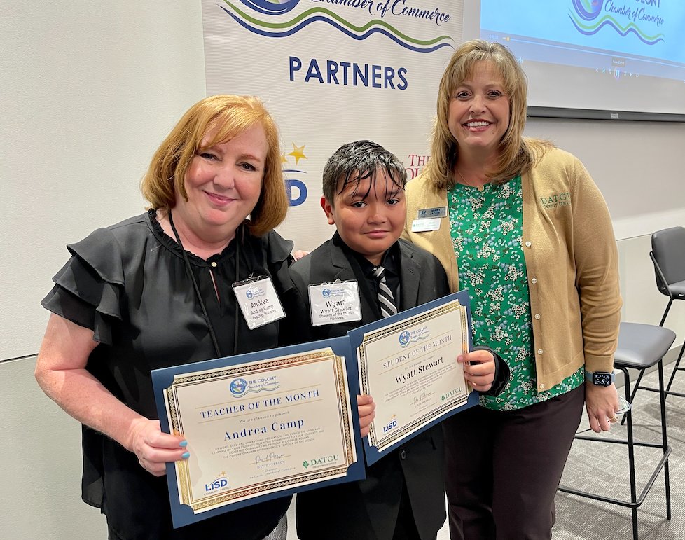 Peters Colony teacher Ms. Camp and students Kadan Dean and Wyatt Stewart were all recognized by The Colony Chamber! Details: bit.ly/41QbHMs.