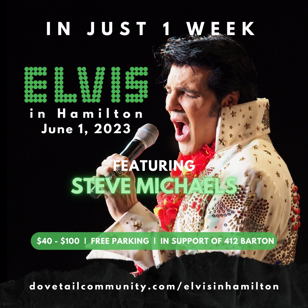 🎸1 WEEK AWAY! Thu, Jun 1st is the ultimate #ElvisTributeConcert!  You're gonna be transported back in time with unforgettable hits and timeless charisma. Grab your blue suede shoes and get ready to rock! dovetailcommunity.com/elvisinhamilton #HamOnt