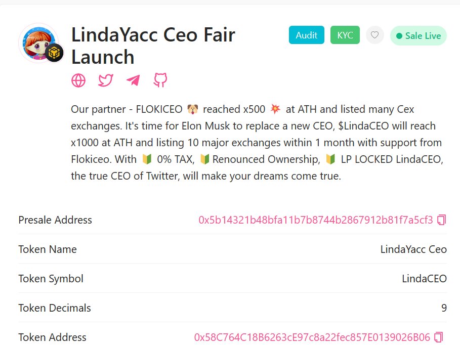 CryptoThro's tweet photo. TODAY TOP #PinkSale PICK

LindaYacc Ceo Fair Launch is #Cryptothro top pick for the day. Team look genuine. 
🔰 0% TAX, 
🔰Renounced Ownership, 
🔰 LP LOCKED for 365 days
🔰 Audited 
🔰KYC
🔰Partnership with FLOKICEO 🐶

Checked them out at 👇👇👇
https://t.co/NJh984VOe2

We pick the best for you to take a look at. Please do your own research before investing.
#memecoin #MemeCoinSeason #Bitboy $XRP #FEGtoken Shib