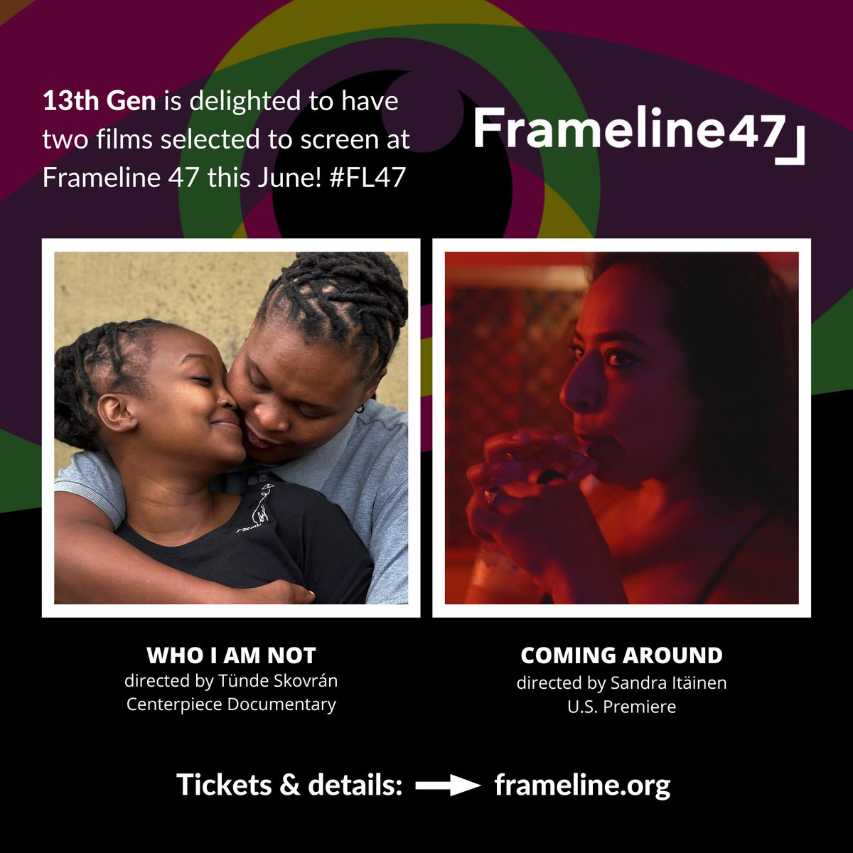 📣 Two of our doc films will screen as part of @framelinefest! 

Directed by Tünde Skovrán, WHO I AM NOT screens June 21: 👉 bit.ly/3pTwstC

Directed by Sandra Itäinen, COMING AROUND will have its US Premiere on June 22: 👉 bit.ly/41P8jld

#FL47 #LGBTQIA 💜🏳️‍🌈🎬