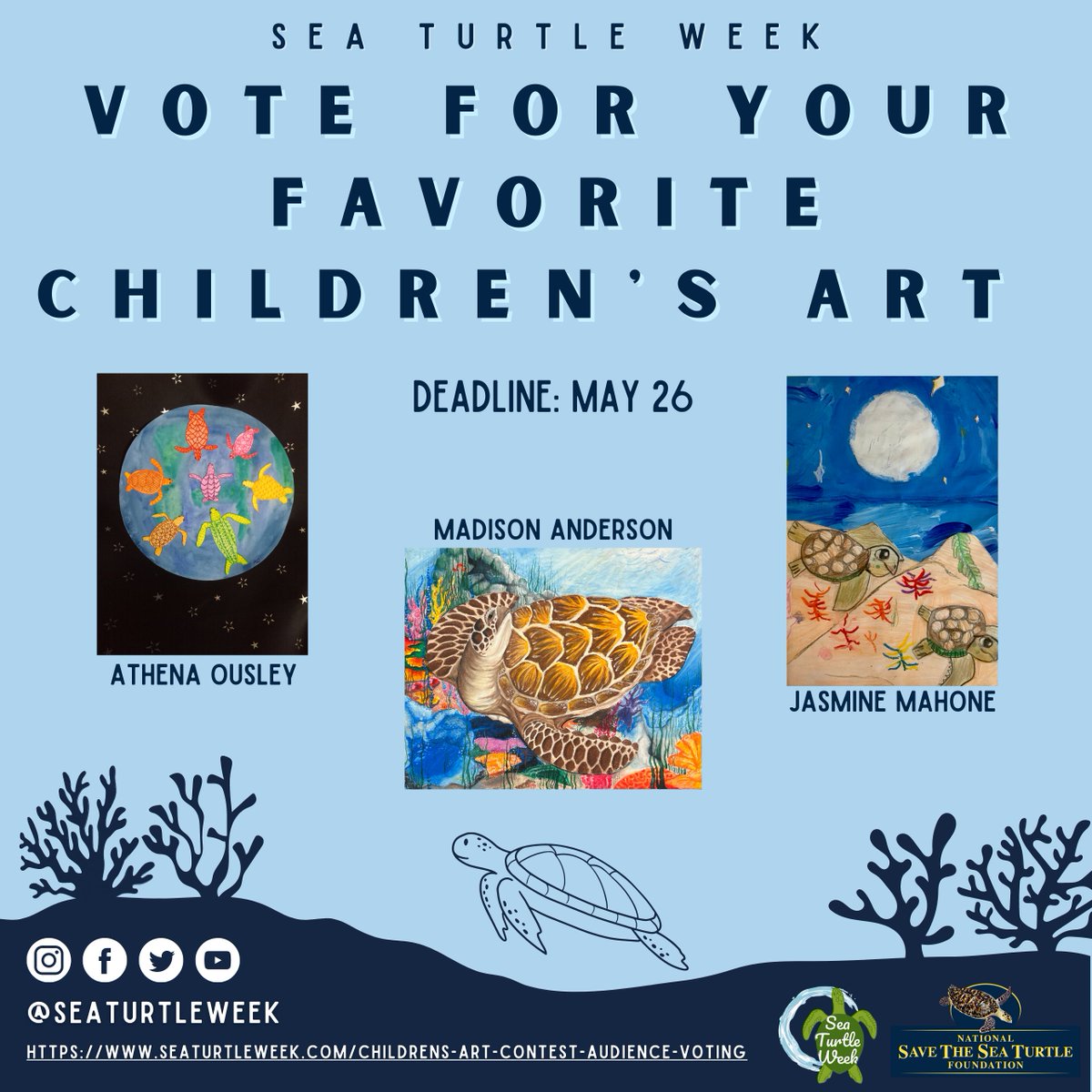 We received so many amazing pieces of artwork from children around the world for our 1st annual Sea Turtle Week Children’s Art Contest and now it's time to vote for your favorites!

Cast your vote here: seaturtleweek.com/photography-co…