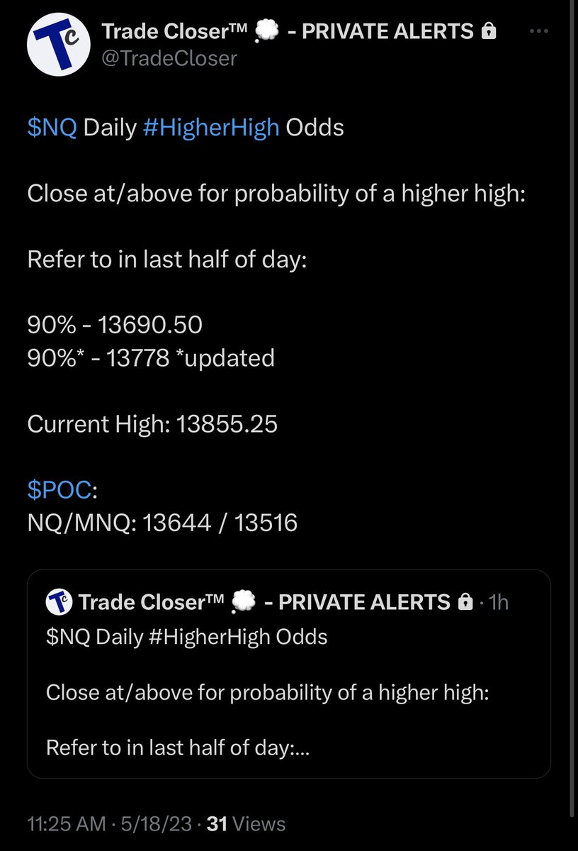 TradeCloser's tweet photo. BEST PRACTICES:
If you want to be #long, you have a better #Edge if we’re
1.) ABOVE the $POC
2.) $ES #shortedge OFF
3.) $NQ #longedge ON
Above $NQ $POC 13644 ☑️
Above $ES #ShortEdge 4177.75 ☑️
#LongEdge 13690.5 ☑️ (+223 pts)
#LongEdge 13778 ☑️
#High $NQ 13913 (+269 pt POC) https://t.co/v4hoDZb4Jo