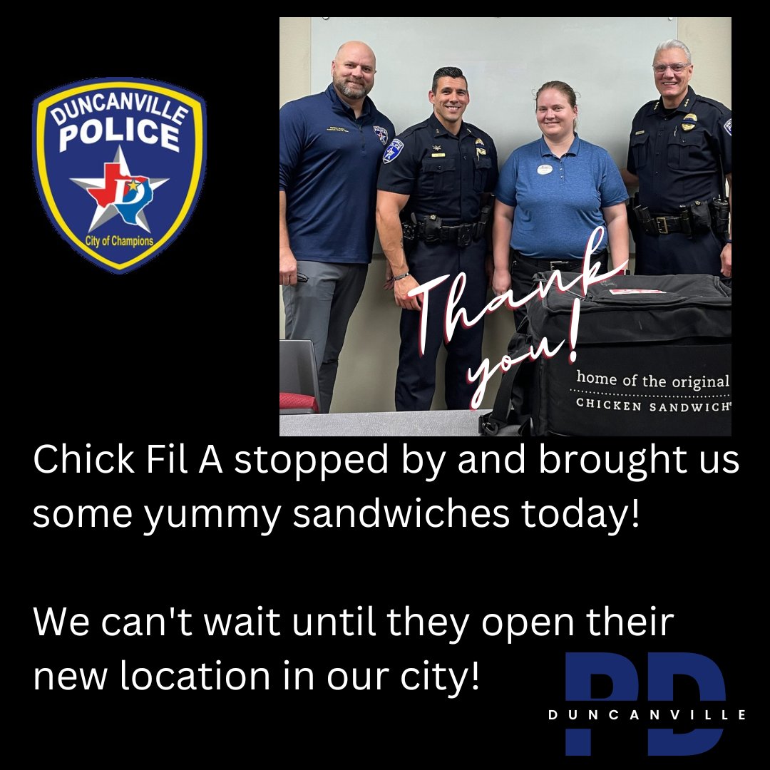 Thank you Chick Fil A for thinking of our officers today.  #cityofchampions #duncanville #duncanvillesfinest #pleaseshare #proudtoliveinduncanville #shoplocal #local #weareduncanville #chickfila