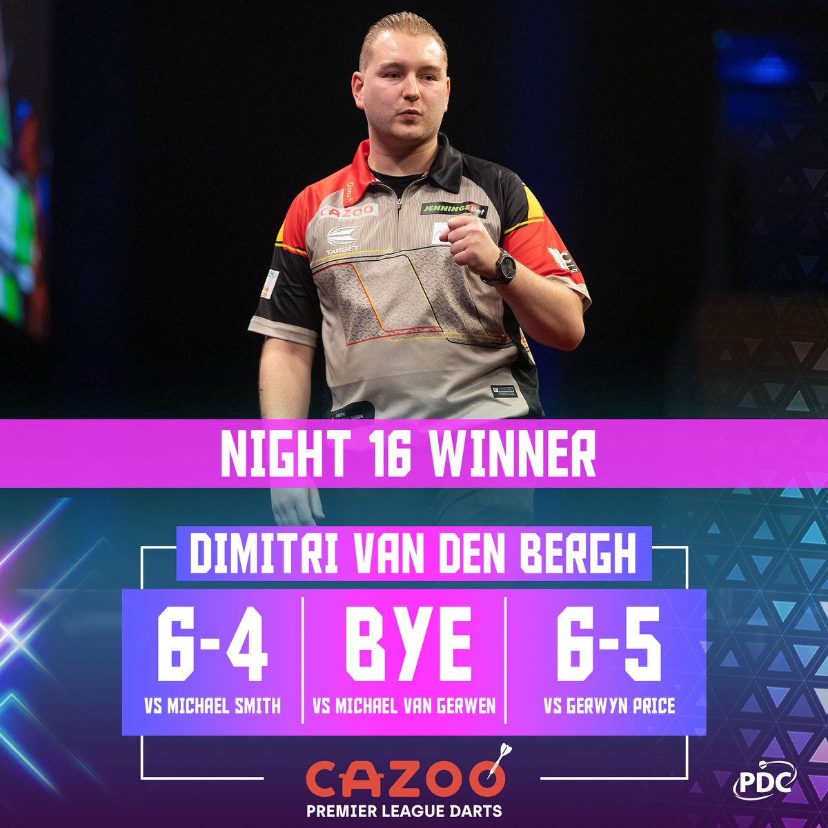 SharkDarts180's tweet photo. #PremierLeague night 1️⃣6️⃣ Final result:
Dimitri Van den Bergh🇧🇪 6-5 🏴Gerwyn Price
Premier League night 1️⃣6️⃣ 🏆:
Dimitri Van den #Bergh🇧🇪 (@VandenBerghDimi) https://t.co/4hqAlANapR