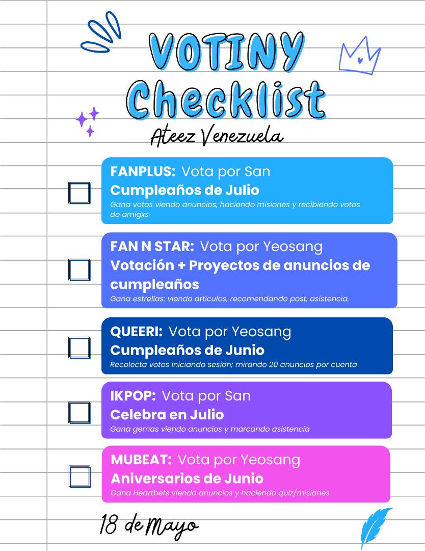 ateez_venezuela's tweet photo. [✍️] VOTINY CHECKLIST - 18 de Mayo

¡ATINY! ¿Ya hiciste tu check de las tareas de votación hoy? 👀

Comparte tus checks diarios con nosotros en los comentarios y animemos a más ATINY a seguir votando! FIGHTING 🔥

@ATEEZofficial #ATEEZ #에이티즈 #エイティーズ https://t.co/x4GTQ4SNyu
