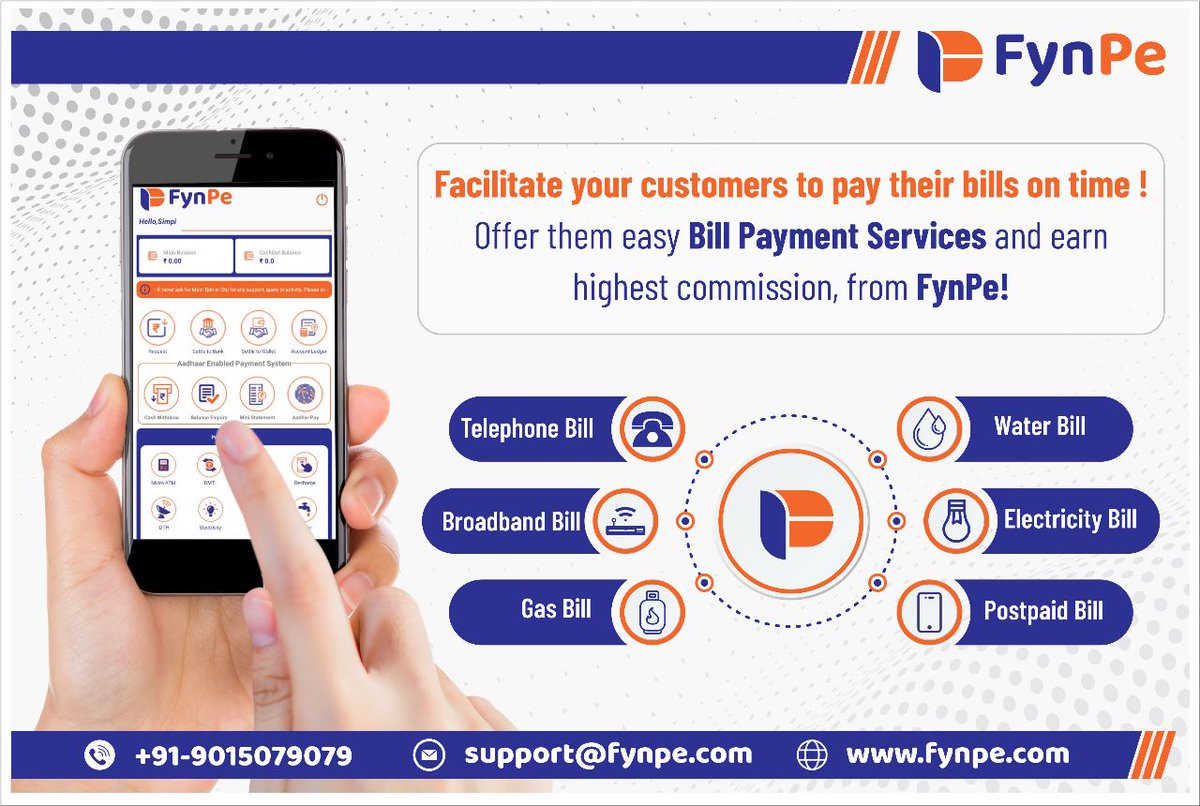 fynpe_payments's tweet photo. Increase footfalls at your shop by offering Bill Payment Services to your customers and earn best-in-industry commision from FynPe. Connect with us today !
#BillPayment
#OnlinePayments
#PayYourBills
#ConvenientPayments
#EasyBillPay
#DigitalPayments
#AutomatedBilling https://t.co/3fWliyjuBb