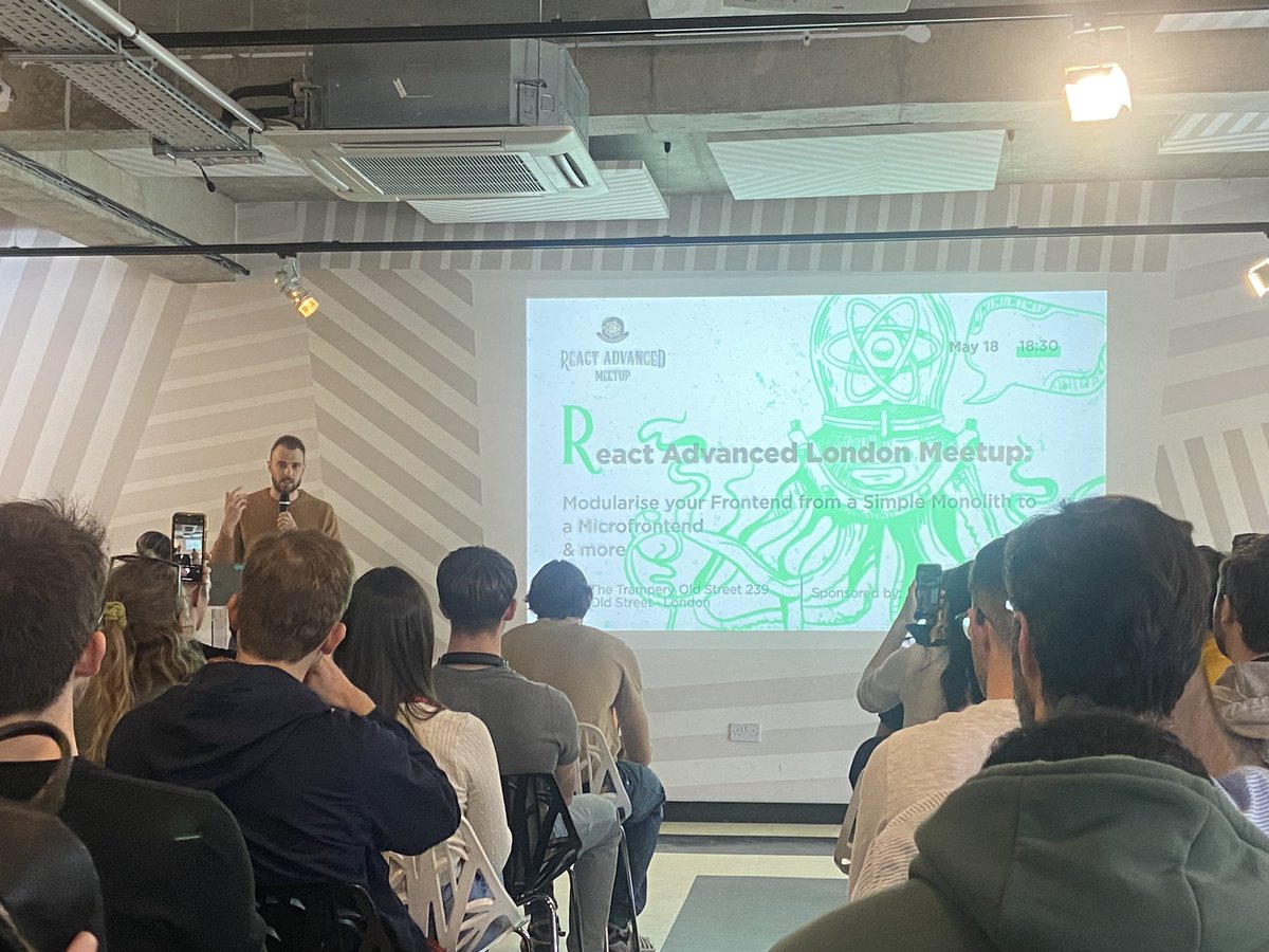 katimcoding's tweet photo. Day 34 - #100DaysOfCode went to a @ReactAdvanced meet up today with great talks from @sasha_khivrych on modularizing front end to a micro frontend and @rajkumarsakthi on minimalism. Super interesting to see react in industry and talk with established professionals https://t.co/JDVGdT6GhY