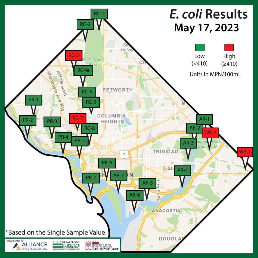 AllianceForBay's tweet photo. The results from the DC Volunteer Water Quality Monitoring Program were great this week! 20 of 24 sites have low bacteria values using the single sample value. @AnacostiaRrkper, @LoveRockCreek, @GoNatureForward, @DOEE_DC, @MayorBowser #WhatsInTheWater #DCCitizenScience https://t.co/MkTUDvLaJf