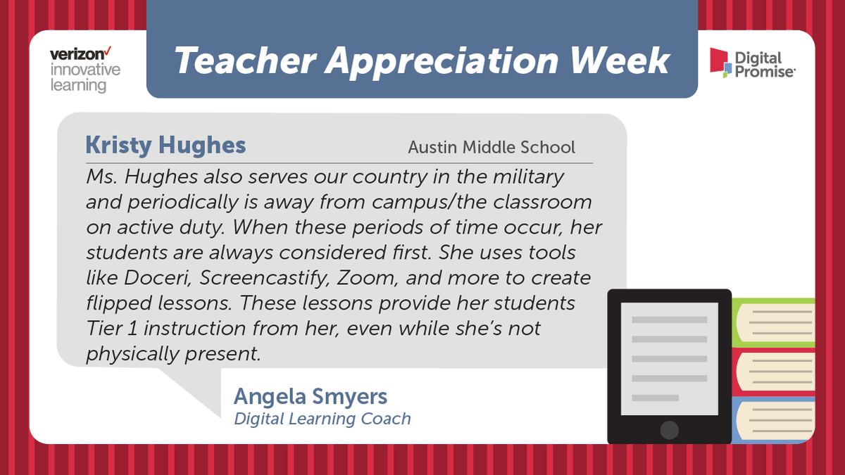 Final #TeacherAppreciationWeek shoutout of the day goes to <a href="/Austin_Broncos/">Austin Middle School</a> math teacher Kristy Hughes, who also serves our country and prioritizes her students when she's away on active duty by creating flipped lessons, says #dpvils coach <a href="/AngelaSmyers/">Angela Smyers</a>.

#ThankATeacher <a href="/IrvingISD/">Irving ISD</a>