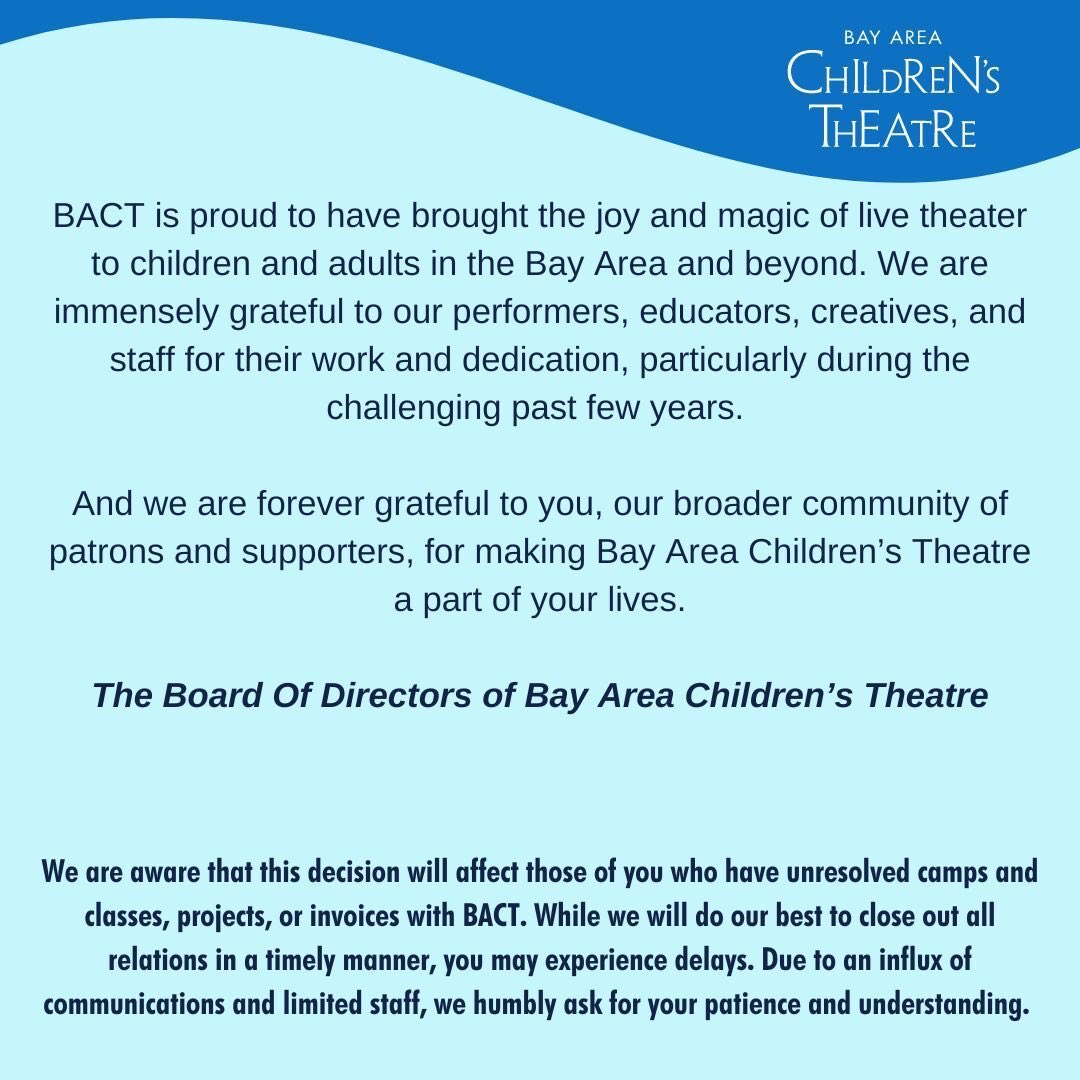 BACTheatre's tweet photo. We are aware that this decision will affect those of you who have unresolved camps and classes, projects, or invoices with BACT. Please navigate to the link in our bio for next steps. https://t.co/8wkEKDWVR1