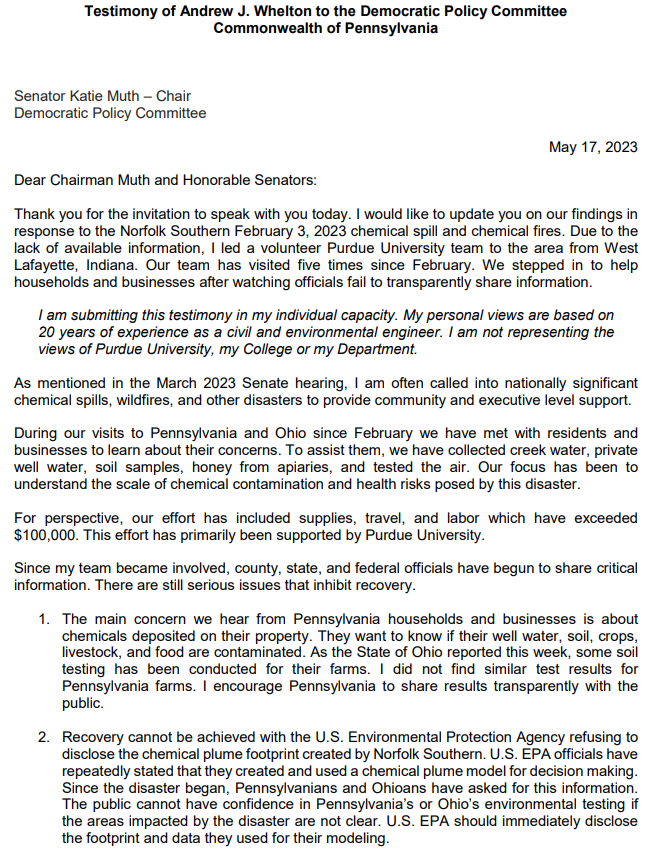 TheWheltonGroup's tweet photo. I look forward to testifying tomorrow at the @PaLegis Senate about the Norfolk Southern Chemical Spill and Chemical Fires. 

7 points are raised in written testimony. 

New data, new info. 

I encourage agencies to improve oversight, community support, and correct communications. https://t.co/iHujqOM6th