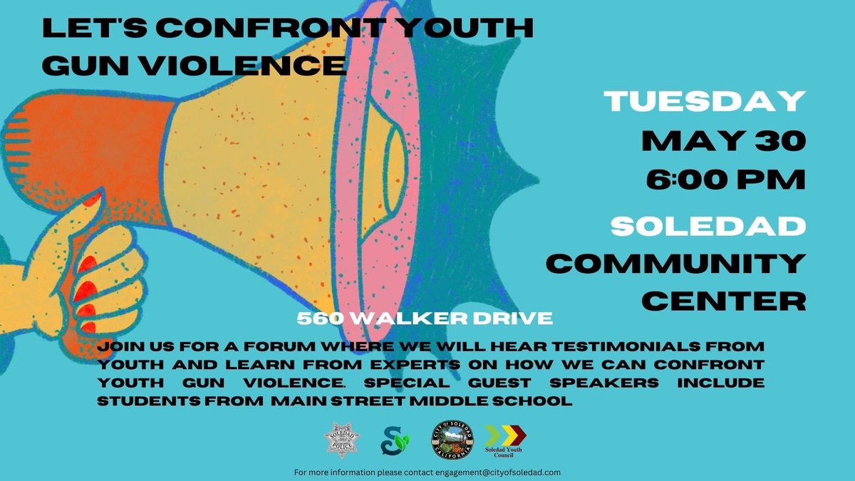 cityofsoledadca's tweet photo. Join us as we hear from youth on how we can confront gun violence. 

Únase a nosotros mientras escuchamos a los jóvenes sobre cómo podemos enfrentar la violencia armada. https://t.co/9Jix6NfhyC