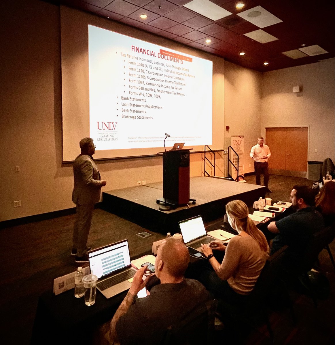UNLVicgr's tweet photo. During today's program, Adam Torres, Chief of San Manuel Band of Mission Indians Tribal Gaming Commission and Phil Katsaros, former member of @NevadaGCB, taught effective and efficient licensing background investigations with practical financial statement reviews.
#unlv #icgr https://t.co/htvfQyMfQe