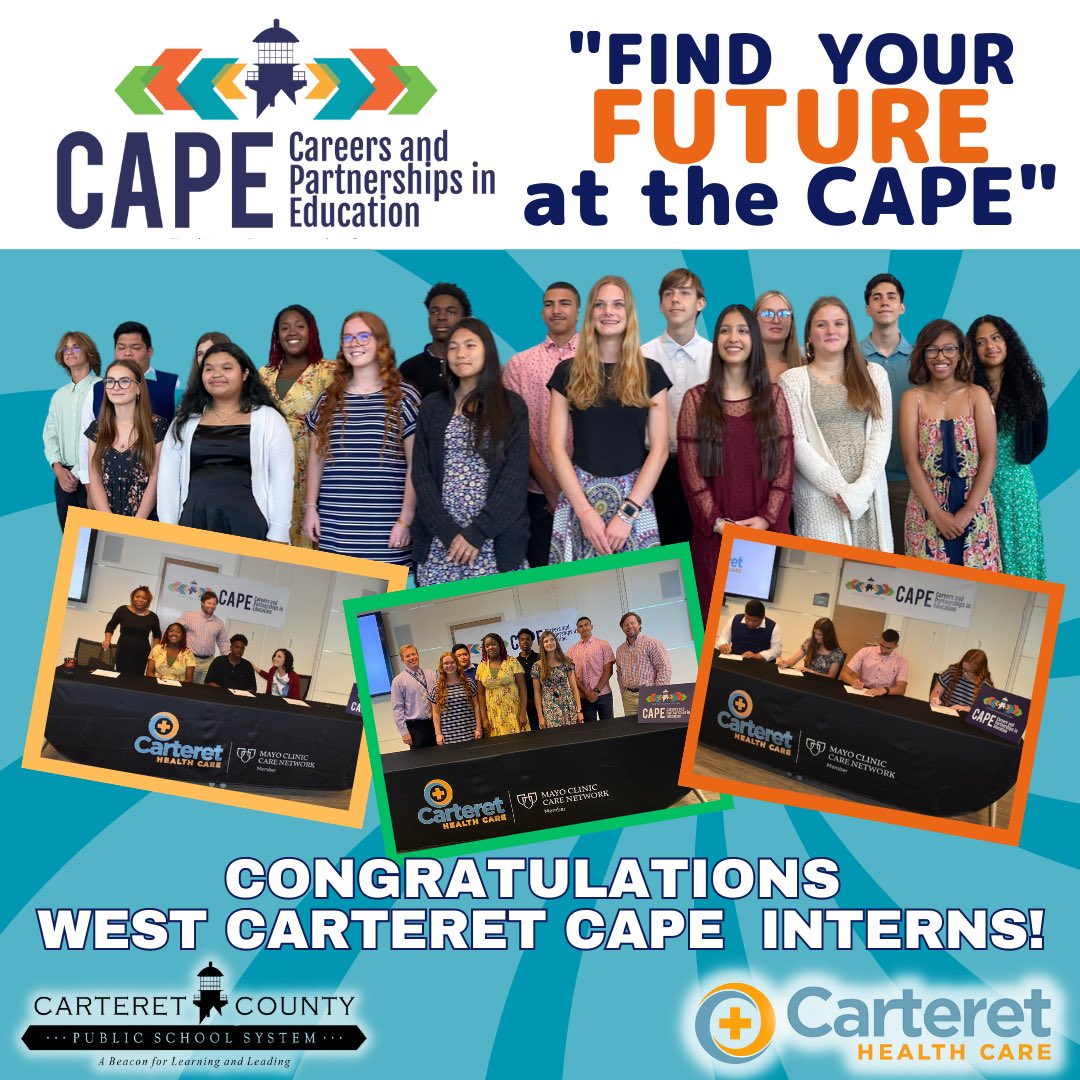 Careers &amp; Partnerships in Education-CAPE held a Summer Internship signing with <a href="/CarteretHealth/">Carteret Health Care</a> ! 19 <a href="/CarteretK12/">Carteret County Public School System</a> will participate in paid internships in Environmental,Food services, IT, Maintenance and CNA. #LearningthatWorks #CTETheHotTopic  #findyourfutureattheCAPE