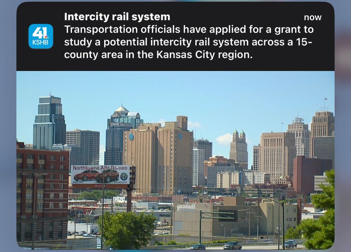 KSHB41's tweet photo. JUST IN: Transportation officials have applied for a grant to study a potential intercity rail system across a 15-county area in the Kansas City region.
https://t.co/2Xj2yfEGi8 https://t.co/Zd8tB2xGWi