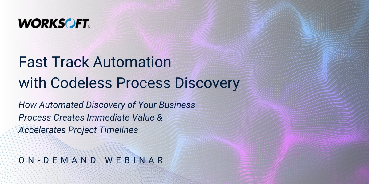 WorksoftInc's tweet photo. Accelerate automation value with #ProcessUnderstanding. Watch the on-demand Worksoft webinar and learn how global enterprises are building and scaling #TestAutomation for pre and post-production using Worksoft's codeless #ProcessDiscovery. https://t.co/KtH0LBVSSo https://t.co/Lx16nEho7w