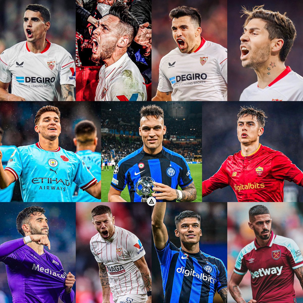 AlbicelesteTalk's tweet photo. There will be 12 ARGENTINES in the European finals! 🏆🇦🇷

UCL: Inter (Lautaro, Correa) - Man City (Julián) 

UEL: Roma (Dybala) - Sevilla (Acuña, Montiel, Papu, Lamela, Ocampos)

ECL: West Ham (Lanzini) - Fiorentina (Nico González, M.Quarta) 

😳🔥 https://t.co/8b1p6aEtN6