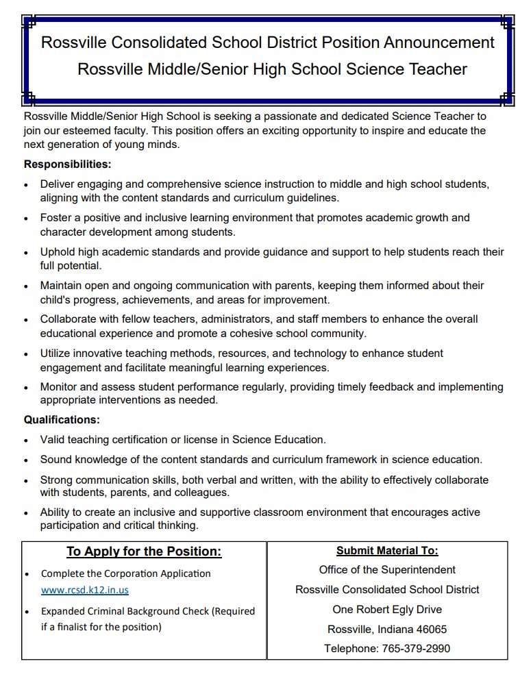 RT @DustinShadbolt: Rossville Middle/Senior High School has an opening for an MS/HS Science Teacher! Visit rcsd.k12.in.us/about/employme… for more information! Come join an amazing corporation and an amazing department! #weRrossville #therossvilleway #teacher…