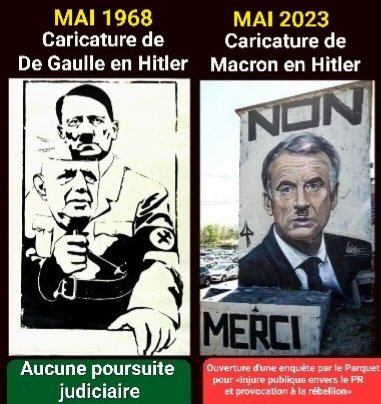 François Asselineau on Twitter: "SUSCEPTIBILITÉ MALAISANTE ▪️Mai 1968  Souvent caricaturé en Hitler, l'Homme du 18 juin ne s'abaissa jamais à  porter plainte ▪️Mai 2023 À la moindre caricature en Hitler, Macron lance