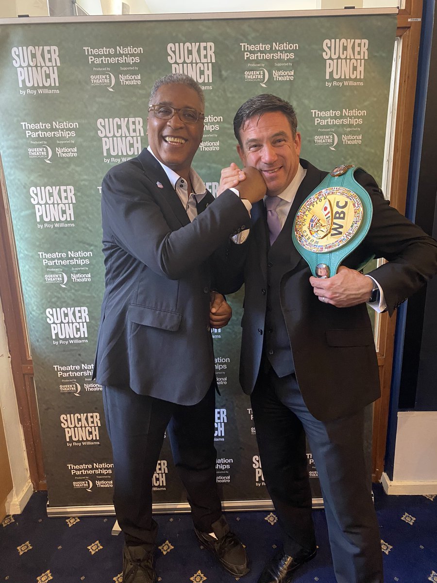 SMackney's tweet photo. Amazing - met boxing legend Michael Watson! 
And  just seen brilliant play #suckerpunch at  Queen’s Theatre in Barnstaple. Important gritty drama set in 1980s and so relevant today. @PetrocOfficial is proud to be working with @SelladoorVenues + @QueensBstaple #northdevonculture https://t.co/FUzTkmUIzz