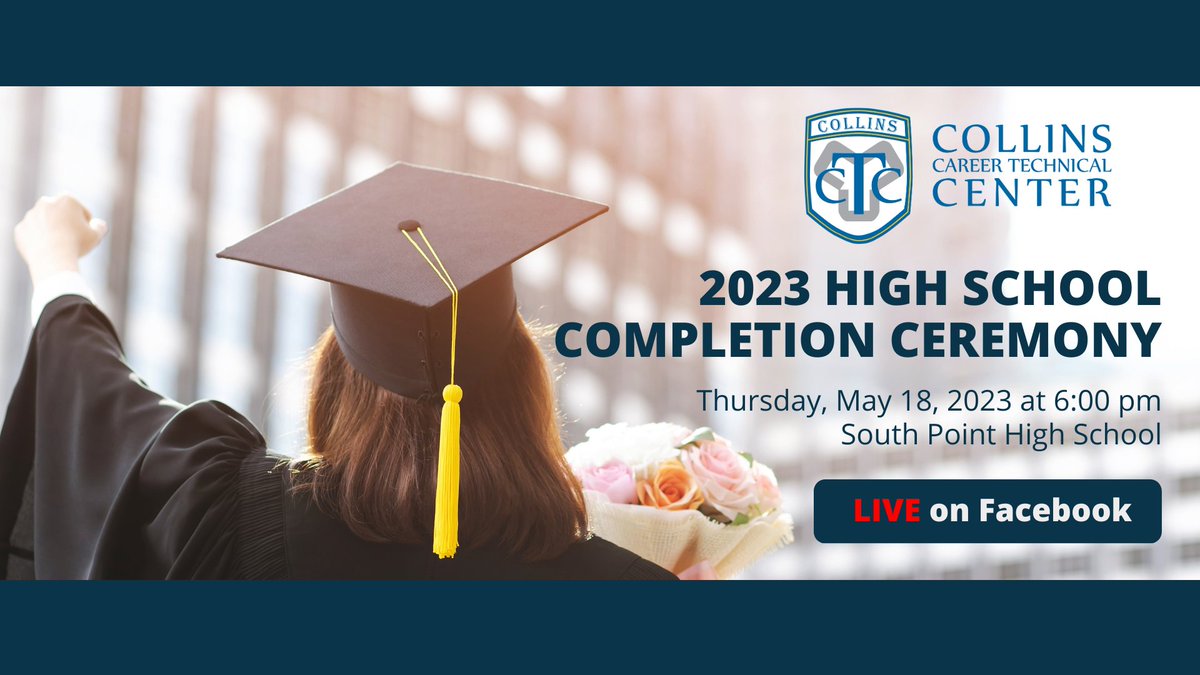 CollinsCTC's tweet photo. Our High School Completion Ceremony is live on our Facebook Page. Tune in by going to https://t.co/dMmZmaHTX4! #CCTClive #CCTC2023 https://t.co/2z51mfoFQP