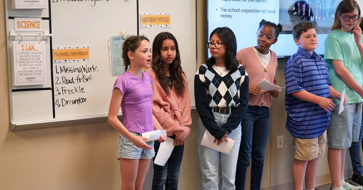 PurdueEDU's tweet photo. Yesterday @lafsunnyside 6th graders presented their Social Studies projects as part of the Project Citizen program, piloted for the 1st time in Indiana this spring in collaboration with #PurdueEDU’s @AckermanCenter. Well done, students! https://t.co/HPTllhfyCQ