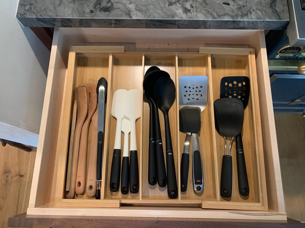 We really love using the Stackable Bamboo Drawer Organizers (from The Container Store) in the kitchen, they are sleek, durable, and super easy to mix and match. They also have coordinating expandable silverware trays and utensil trays (like the one pictu… instagr.am/p/CsZhc1FBcne/
