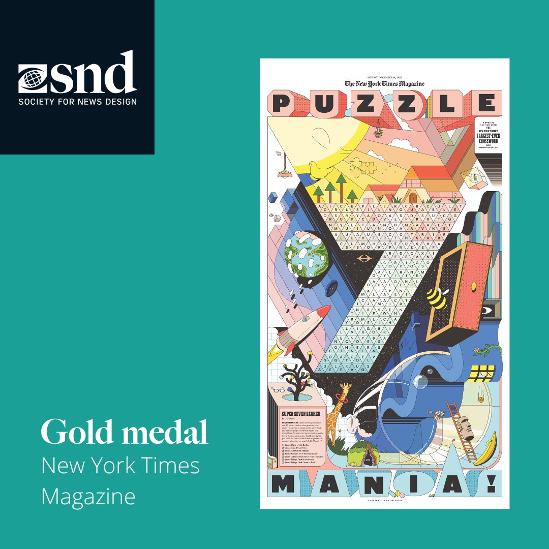 SND's tweet photo. 🏅 #SND44 Print judges have awarded a Gold Medal to @NYTMag in the Features Cover category for “Puzzle Mania.”

Judges said: "You can feel the collaborative team effort, with a unique and interactive puzzle at its core ... Overall, this standout cover goes above and beyond." https://t.co/QmVwtJsUsC