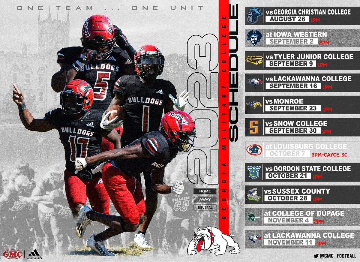 GMC Football (@gmc_football) on Twitter photo It’s official! Check out our 2023 Schedule! Come on out and support your Bulldogs this season! <a href="/NJCAAFootball/">NJCAA Football</a> <a href="/JuCoFootballACE/">JuCo Football Forer</a> <a href="/JUCOFFrenzy/">JUCO Football Frenzy</a> <a href="/sportsguymarv/">Marvin L James II</a> @ConnorHines17 <a href="/THEGCAA/">GCAA</a> <a href="/GilPound8/">Gil Pound</a> <a href="/GMCBulldogs/">Georgia Military College Athletics</a> <a href="/GaMilCollege/">Georgia Military College</a> <a href="/CoachLReady/">Coach Leland Ready</a> <a href="/Coach_DRamsey/">Dustin Ramsey</a> <a href="/OLCoachSmith/">Brackin Smith II</a> It’s official! Check out our 2023 Schedule! Come on out and support your Bulldogs this season! <a href="/NJCAAFootball/">NJCAA Football</a> <a href="/JuCoFootballACE/">JuCo Football Forer</a> <a href="/JUCOFFrenzy/">JUCO Football Frenzy</a> <a href="/sportsguymarv/">Marvin L James II</a> @ConnorHines17 <a href="/THEGCAA/">GCAA</a> <a href="/GilPound8/">Gil Pound</a> <a href="/GMCBulldogs/">Georgia Military College Athletics</a> <a href="/GaMilCollege/">Georgia Military College</a> <a href="/CoachLReady/">Coach Leland Ready</a> <a href="/Coach_DRamsey/">Dustin Ramsey</a> <a href="/OLCoachSmith/">Brackin Smith II</a>