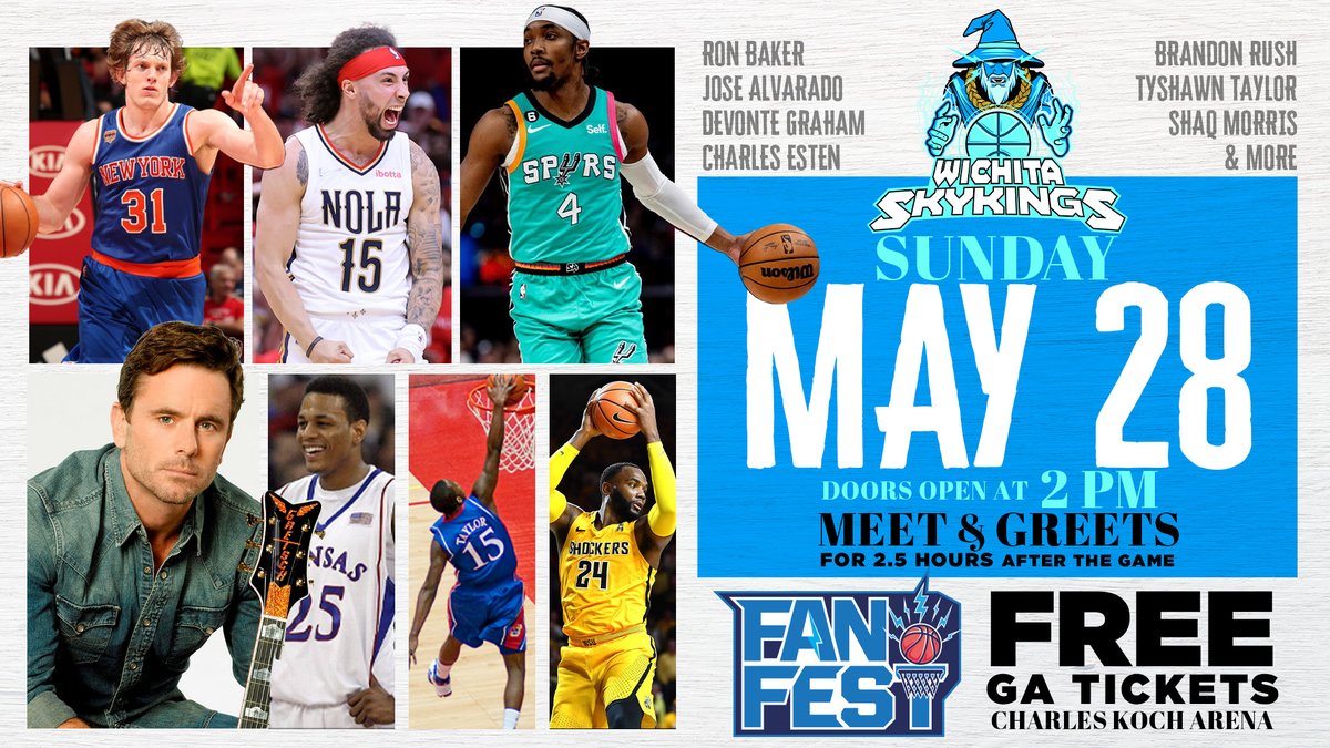 The <a href="/WichitaSkykings/">Wichita SkyKings</a> are bringin' it on May 28. Come meet NBA and Kansas Legends such as <a href="/RonBaker31/">Ron Baker</a> <a href="/tyshawntaylor/">tyshawn taylor</a> <a href="/Devonte4Graham/">Devonte Graham</a> <a href="/Shaq_Morris/">Shaquille Morris</a> <a href="/BRush_25/">Brandon Rush</a>, actor <a href="/CharlesEsten/">Charles Esten</a> and more. Click below to learn more. This is a FREE event!  

wichitaskykings.com/events