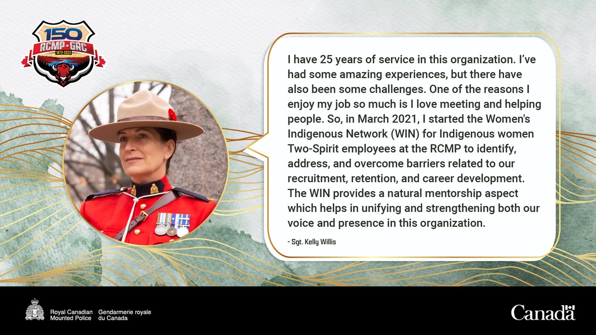 Sgt. Kelly Willis is helping Indigenous women and Two-Spirit employees at the RCMP improve their careers. To mark #RCMP150, read about her career internationally and at home, and her efforts to help her colleagues. rcmp-grc.gc.ca/campaigns-camp…