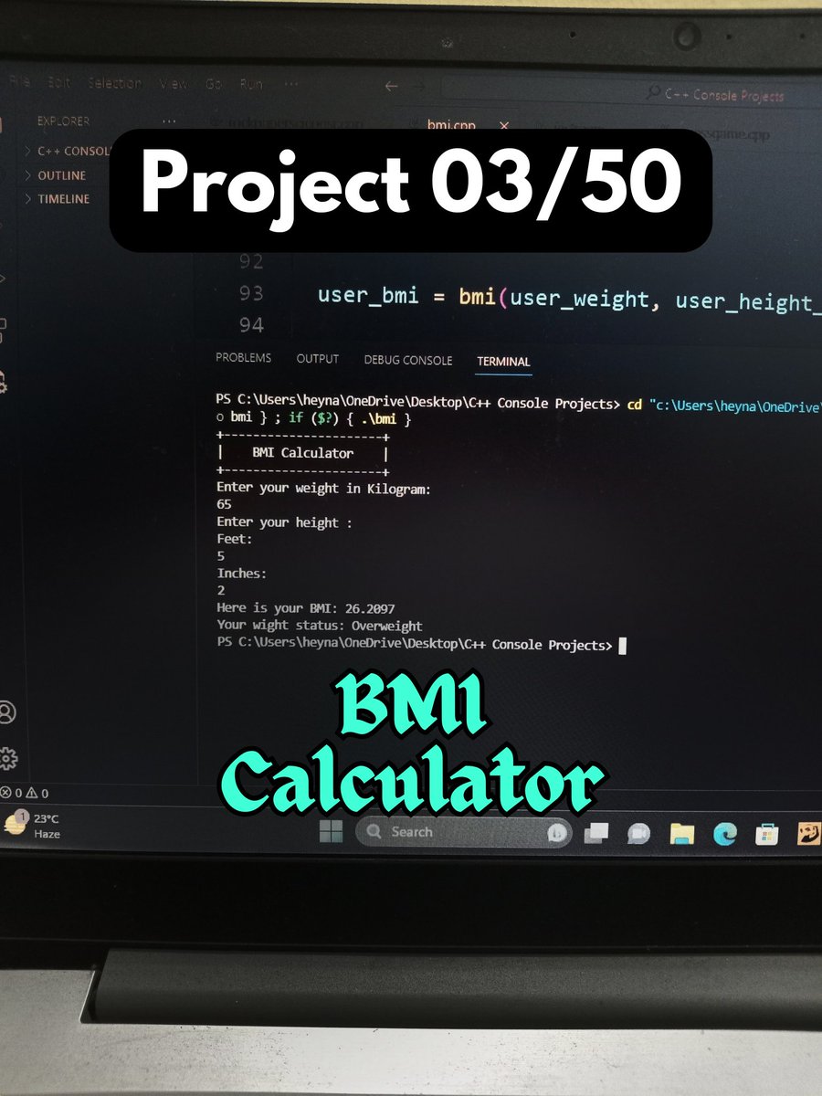 code_with_ndr's tweet image. Day 03 of my #100DaysOfCode challenge with C++
Today, I built this BMI Calculator which basically tells the BMI of a user and also it shows the status of weight of the user according to his BMI.
Btw what do you think about the design?
๐