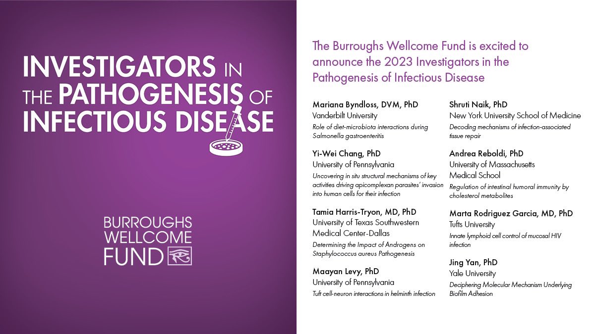 Burroughs Wellcome Fund (@bwfund) on Twitter photo Congratulations to the 2023 Investigators in the Pathogenesis of Infectious Disease <a href="/Mari_Byndloss/">Mariana Byndloss</a> <a href="/yiweichang/">Yi-Wei Chang</a> <a href="/UTSWedu/">UT Southwestern Education</a> <a href="/HarrisTryonLab/">HarrisTryon Lab</a> @MaayanLevy_Lab <a href="/DrShrutiNaik/">Dr. Shruti Naik</a> <a href="/ReboldiLab/">Reboldi Lab</a> <a href="/TuftsMedSchool/">Tufts School of Medicine</a> <a href="/TuftsUniversity/">Tufts University</a> <a href="/YanBiofilmLab/">Yan Biofilm Lab</a> #bwfpath Congratulations to the 2023 Investigators in the Pathogenesis of Infectious Disease <a href="/Mari_Byndloss/">Mariana Byndloss</a> <a href="/yiweichang/">Yi-Wei Chang</a> <a href="/UTSWedu/">UT Southwestern Education</a> <a href="/HarrisTryonLab/">HarrisTryon Lab</a> @MaayanLevy_Lab <a href="/DrShrutiNaik/">Dr. Shruti Naik</a> <a href="/ReboldiLab/">Reboldi Lab</a> <a href="/TuftsMedSchool/">Tufts School of Medicine</a> <a href="/TuftsUniversity/">Tufts University</a> <a href="/YanBiofilmLab/">Yan Biofilm Lab</a> #bwfpath