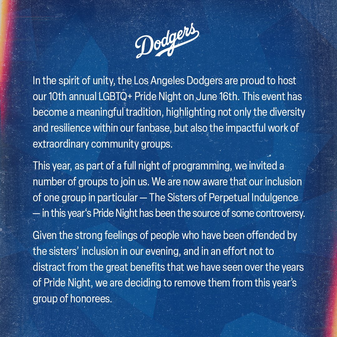 PopCrave's tweet photo. LA Pride has pulled out of this year’s Dodgers Pride Night following the team’s decision to remove activist group The Sisters of Perpetual Indulgence from their event. https://t.co/yXwX0lthPp