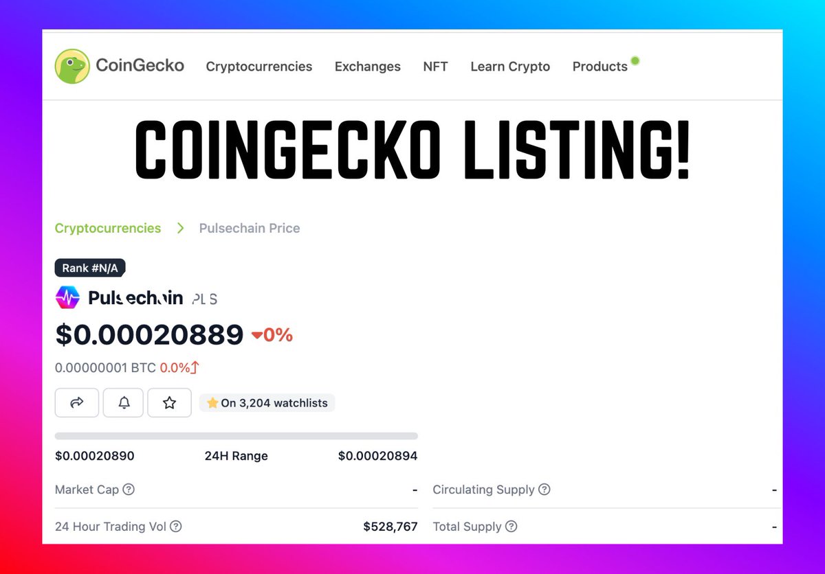 BREAKING NEWS: <a href="/coingecko/">CoinGecko</a> has NOW listed PulseChain!

LETS GO!!

$HEX $PLSX