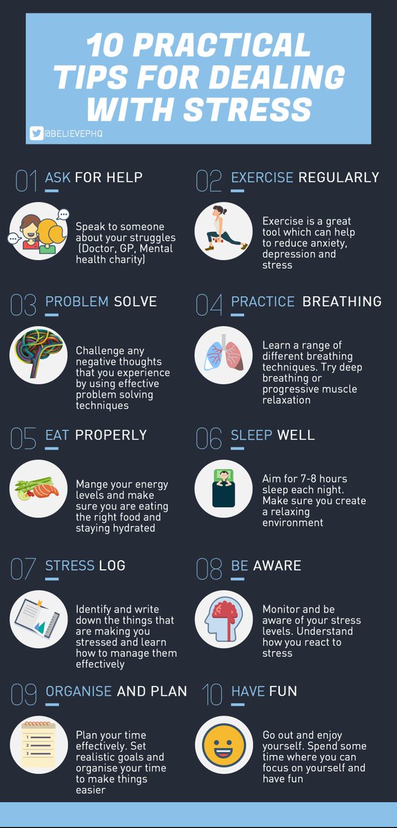 LEAD_Coalition's tweet photo. Please re-Tweet these 10 practical tips for dealing with #stress.

(image: @BelievePHQ) #mentalhealth #exercise #sleep #nutrition #happiness https://t.co/vzDGCGdP6N