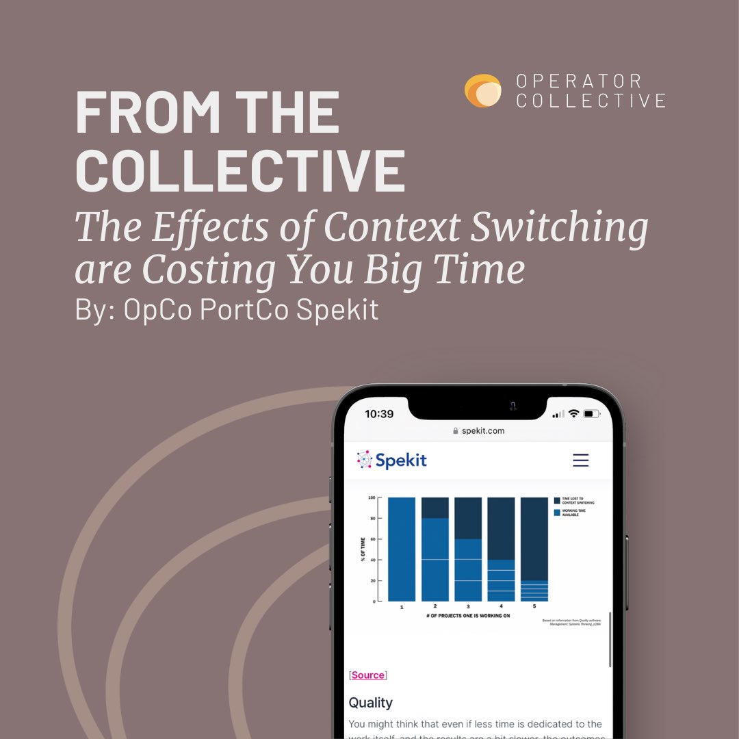 OpCo_VC's tweet photo. ⏱ Up to 80% of working time wasted
📉 A notable decrease in work quality
💰 $450 billion in wasted productivity

The culprit? Our friends at @spekitapp wrote about context switching and its effects: https://t.co/cju5BoJDVO https://t.co/Rx3yPzBLcG