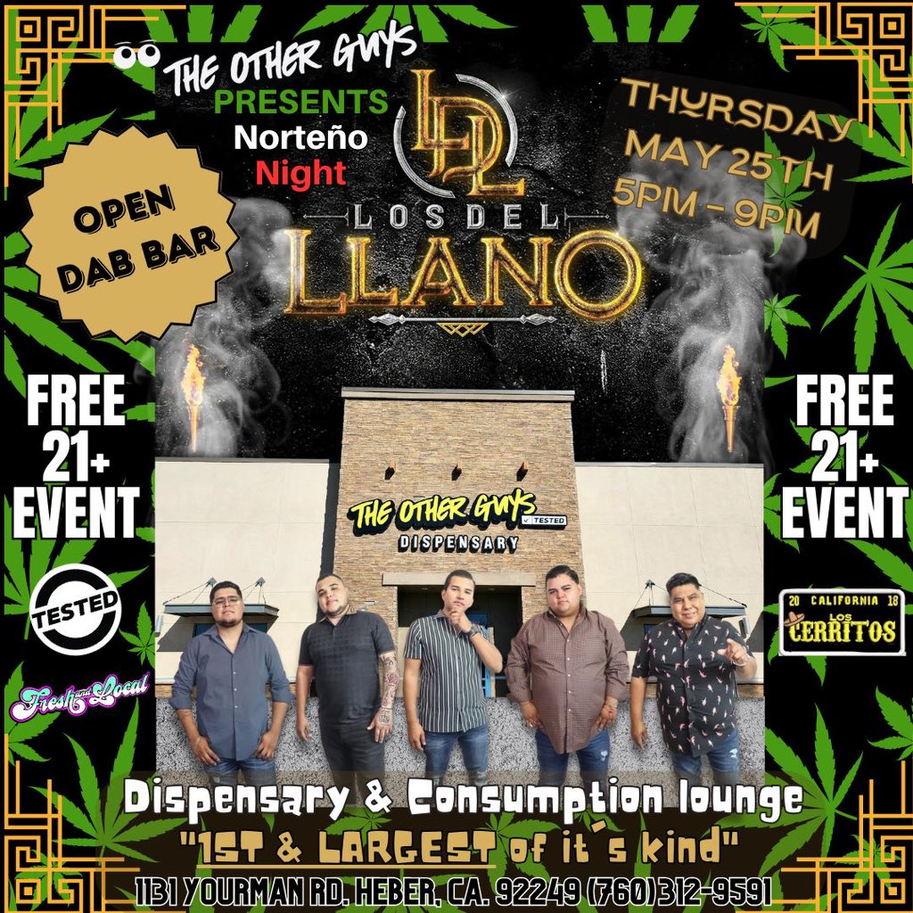 TheOtherGuysCa's tweet photo. NEXT THURSDAY 🚨 MAY 25TH 🚨
Live Norteño music in our lounge starting at 5PM to 9PM!!!
TACOS & OPEN DAB BAR!!
*𝙵𝚘𝚛 𝟸𝟷 𝚢𝚎𝚊𝚛𝚜 𝚘𝚏 𝚊𝚐𝚎 𝚘𝚛 𝚘𝚕𝚍𝚎𝚛.*
#Heber #Theotherguysheber #FreshandLocal #ImperialValley #Mexicali #IV #NorteñoNight #livemusic https://t.co/NpwChWQAsb