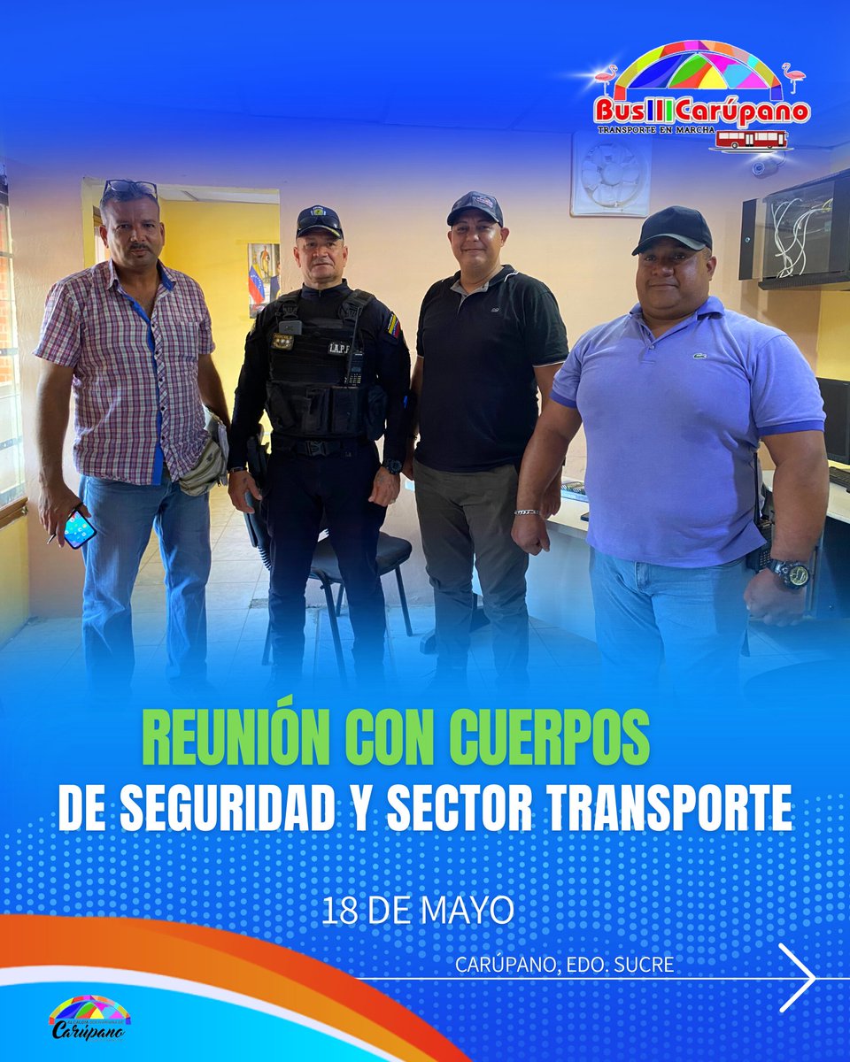 La tarde de este jueves 18 de mayo,  Luis Rodríguez, presidente de BusCarúpano, sostuvo un encuentro con el C/J Alberto Fuentes, director de la Policía Municipal de Bermúdez, Miguel Ángel Cabeza, jefe de Seguridad
#PasajeDigital