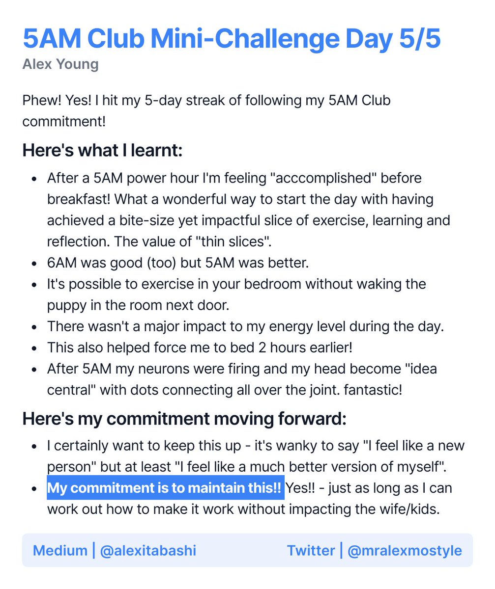5AM Club Mini-Challenge Day 5/5 - Mission Complete! I wanted to try the technique of 5am start, 20mins exercise, 20mins reading, 20mins meditation while the family was out of the house! Loved it! I MUST keep this up. Let me know how it worked for you! #the5amclub #ship30for30