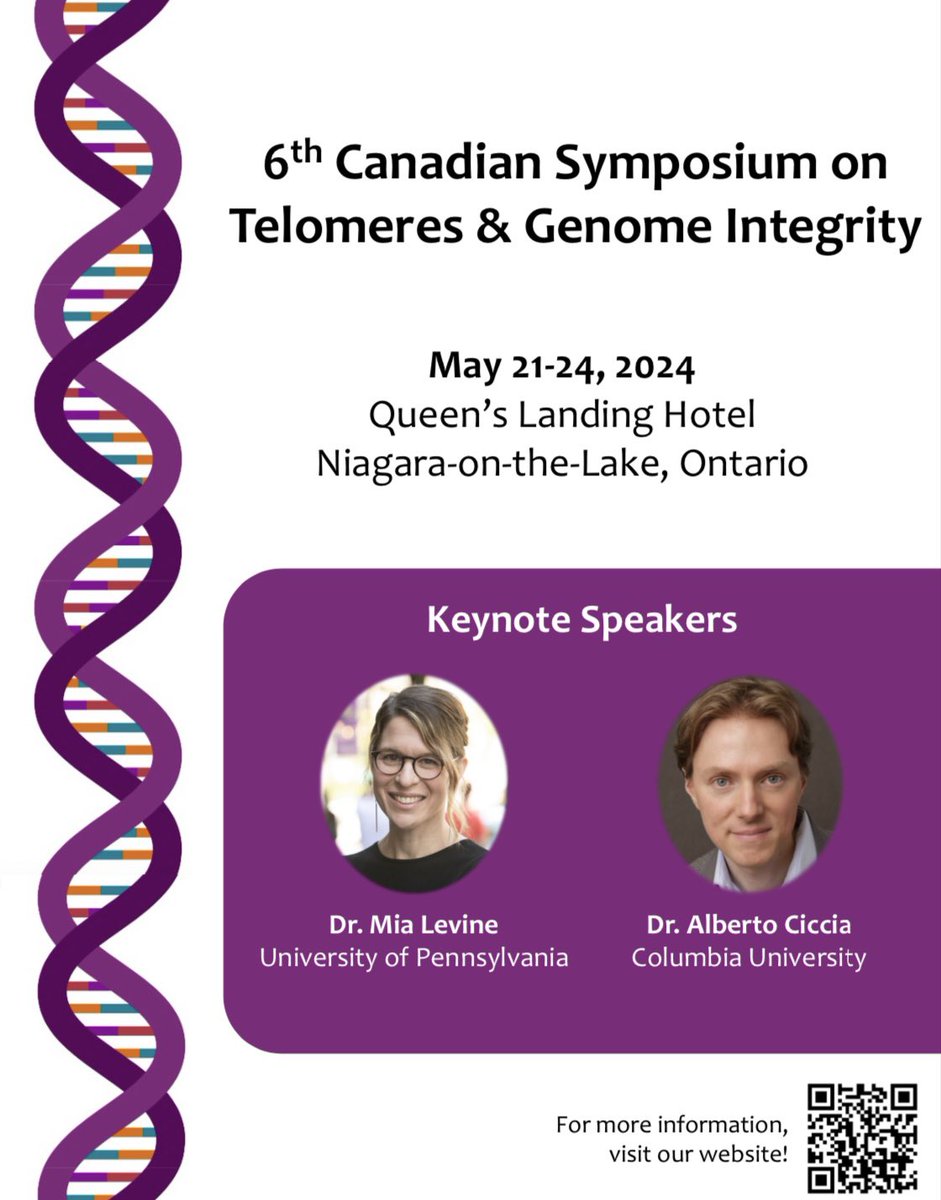 Calling all science tweeps! I’m very pleased to announce that the next Canadian Symposium on Telomeres & Genome Integrity will be May 21-24, 2024 🎉 All welcome, check out our website for more details: event.fourwaves.com/6cstgi/pages