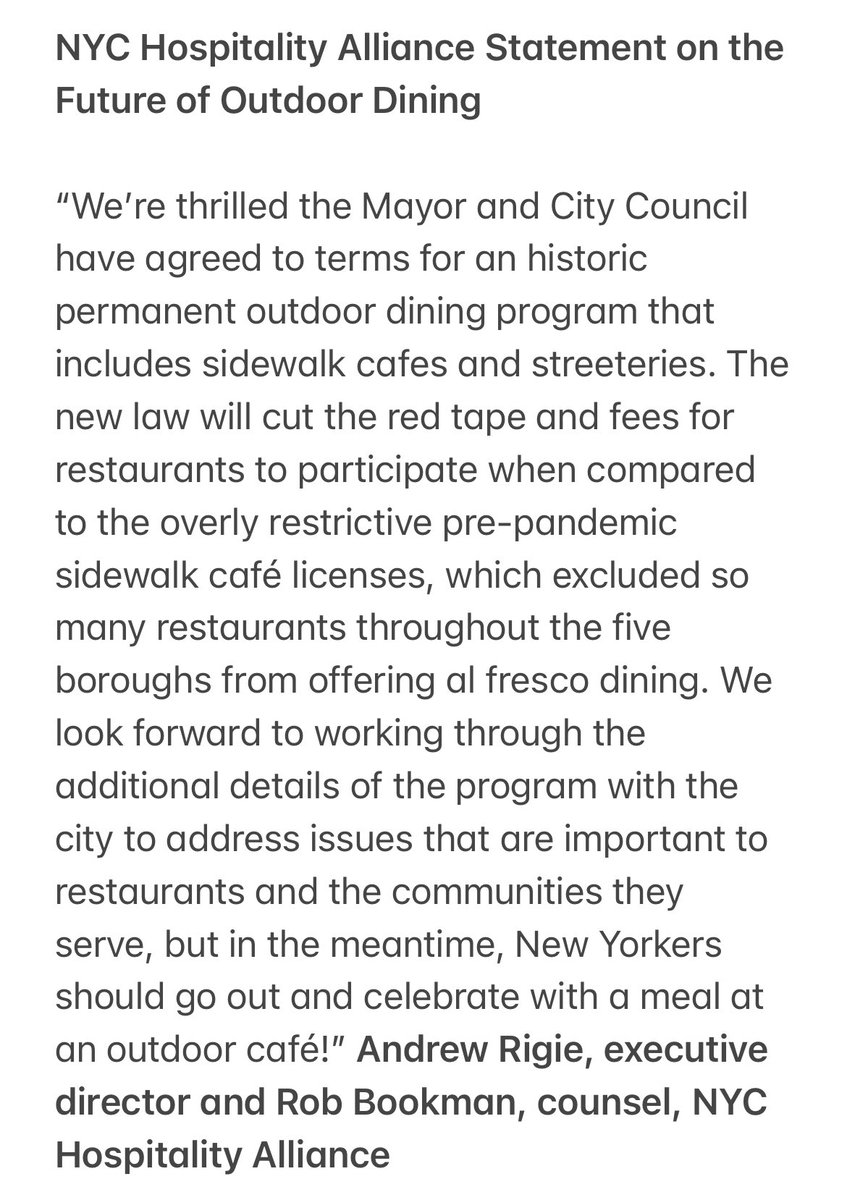 AndrewRigie's tweet photo. NYC Hospitality Alliance Statement on the Future of Outdoor Dining 👇 https://t.co/skZaw2wPKn