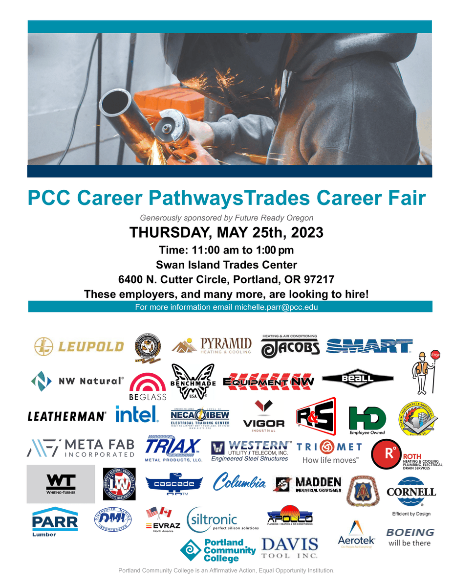 @PortlandCCwill host their Trades Career Fair next week Thursday on May 25th from 11-1pm! Employers are looking forward to meeting with students (new upcoming talent)!