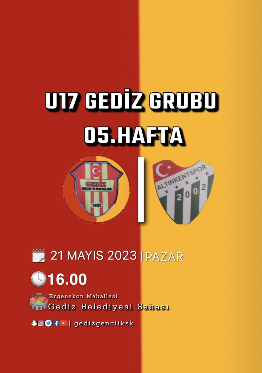 gedizgencliksk's tweet photo. 🏆U17 Gediz Grubu

🗓 05.Hafta
🆚 Altınkent SK
🕓 16.00
🏟 Ergenekon Mahallesi Gediz Belediyesi Sahası

Tüm Futbolseverleri Gediz Belediyesi Sahasına Bekliyoruz.

Gediz Gençlik Spor Kulübü 1923

#gediz #spor #maç #skor #tff #amatör https://t.co/FzNUB2WMBE