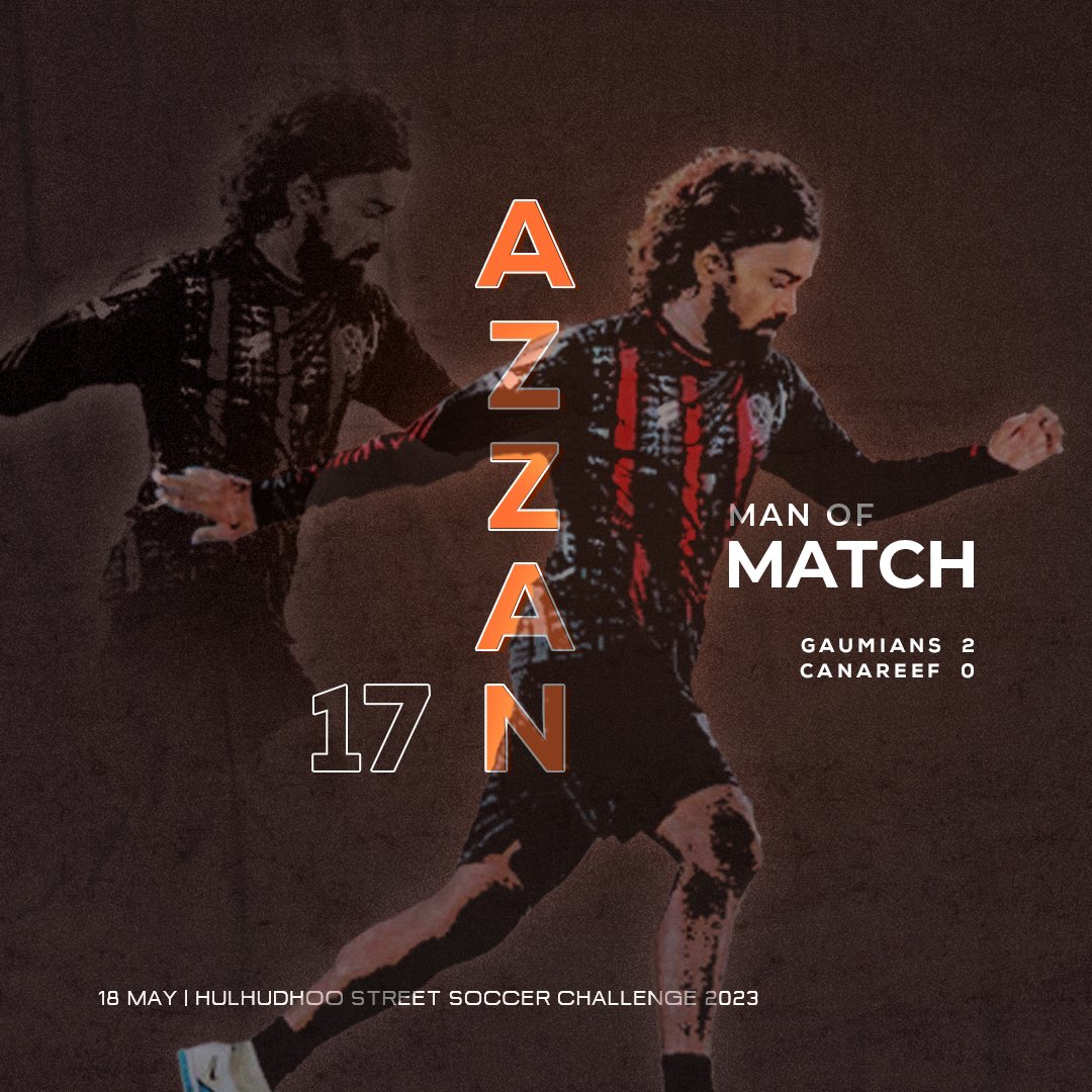 ClubLothari's tweet photo. Azzu's exceptional performance on the field has resulted in him being awarded the Man of the Match! Congratulations to Gaumians for their outstanding performance of skill and unwavering determination, which has allowed them to establish a commanding lead against Canareef! 👏👏👏 https://t.co/KrKgwXOD1W