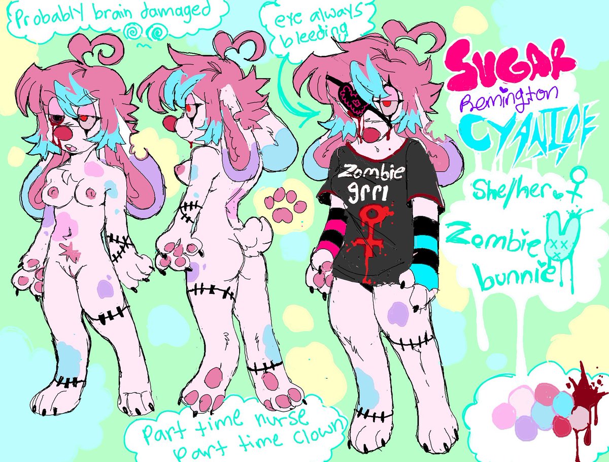 SugarSlitz's tweet image. Reference sheet for my sona, Sugar "Remington" Cyanide, done by @WolfShrine_