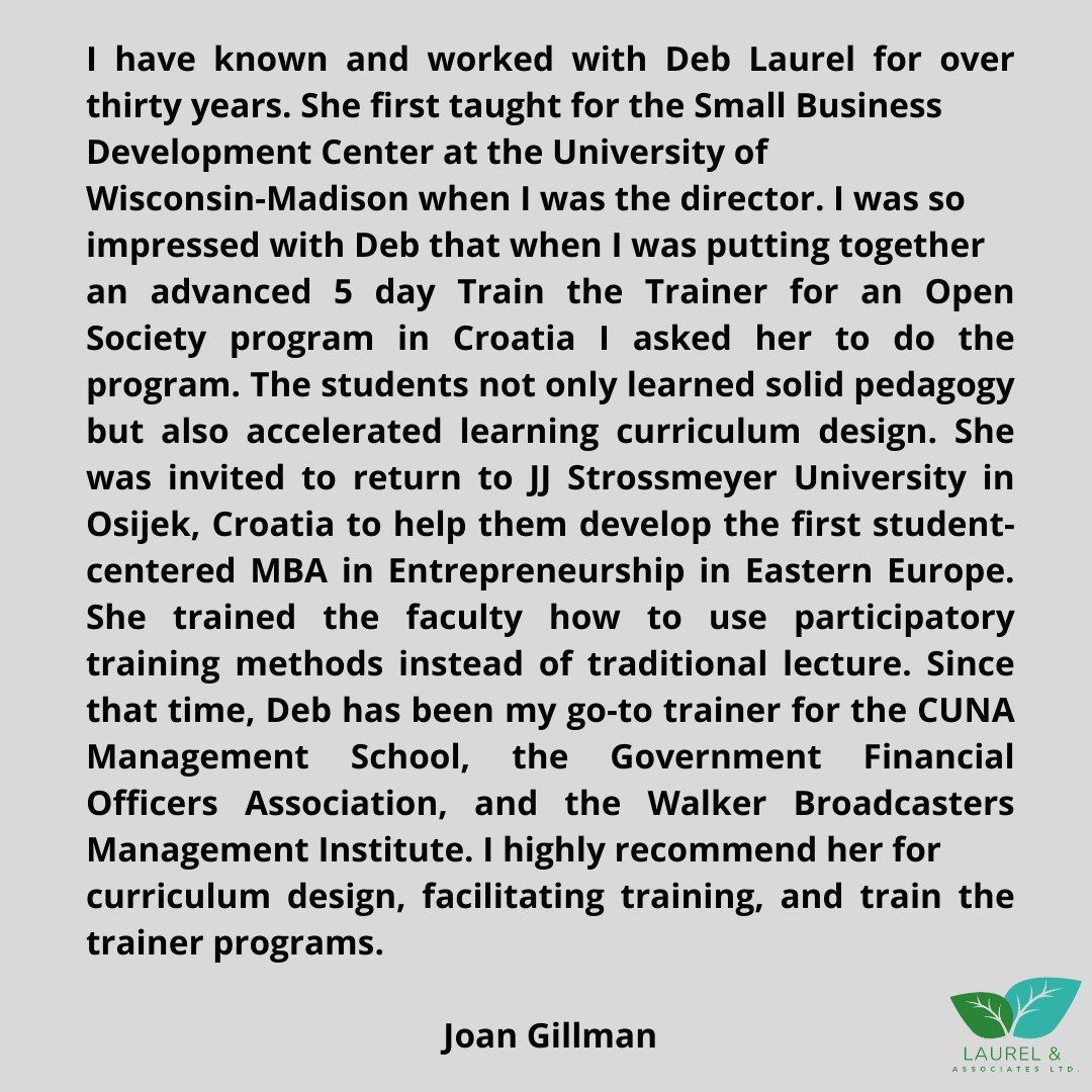 It's our favorite time of the week where we get to share a review from a happy Laurel & Associate customer

Thanks Joan for the great review

#Reviews #LaurelAndAssociates #WorkLifeBalance #DeborahLaurel #Trainer #Leadership